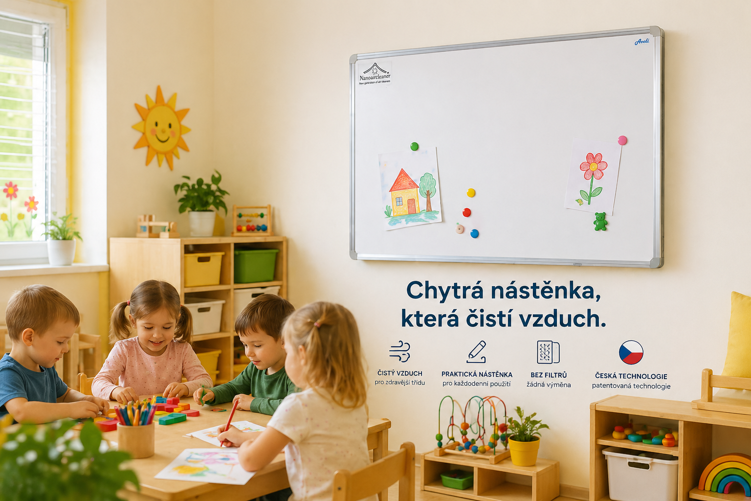 Magnetická nástěnka s čističkou vzduchu pro mateřské školy